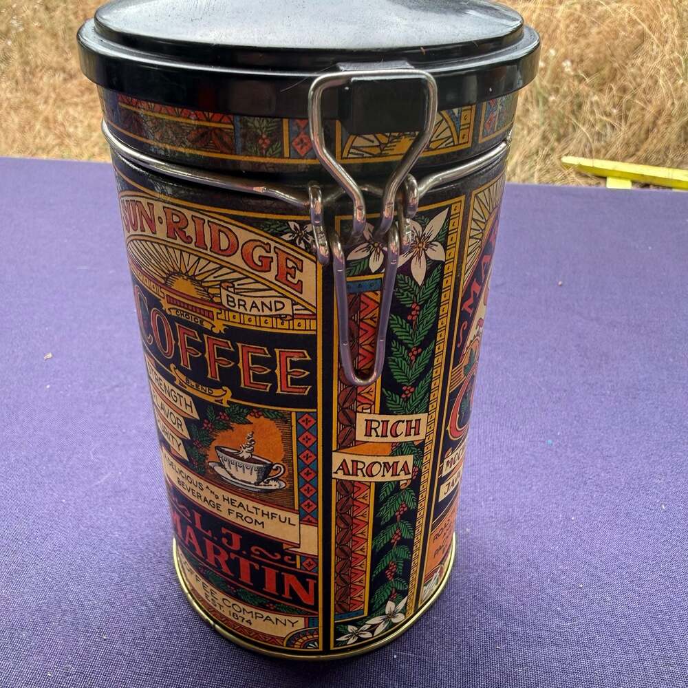 Vintage L.J. Martin Reproduction Sun Ridge Brand Coffee Tin Canister with Latch